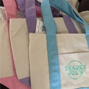 Trader Joe's Canvas Tote with Pastel Blue, Purple & Pink Handles